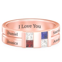 Men's Engravable 4 Stone Grooved Ring in 10K Solid Rose Gold with White Premium Zirconia, Garnet, Blue Sapphire, and Cubic Zirconia