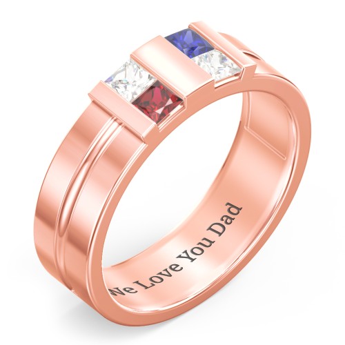 Men's Engravable 4 Stone Grooved Ring – 10K Rose Gold with Cubic Zirconia, Garnet, and Blue Sapphire