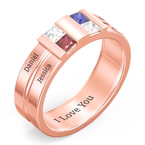 Men's Engravable 4 Stone Grooved Ring – 10K Rose Gold with Cubic Zirconia, Garnet, and Blue Sapphire