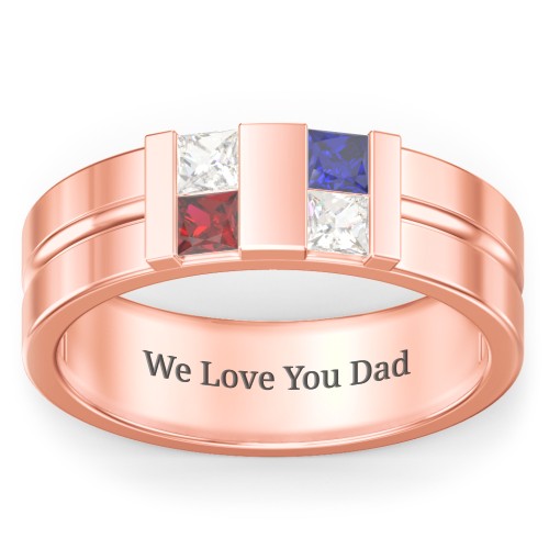 Men's Engravable 4 Stone Grooved Ring – 10K Rose Gold with Cubic Zirconia, Garnet, and Blue Sapphire