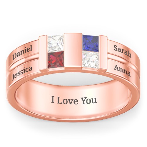 Men's Engravable 4 Stone Grooved Ring – 10K Rose Gold with Cubic Zirconia, Garnet, and Blue Sapphire