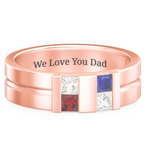 Men's Engravable 4 Stone Grooved Ring – 10K Rose Gold with Cubic Zirconia, Garnet, and Blue Sapphire