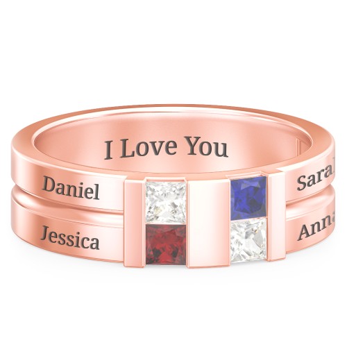 Men's Engravable 4 Stone Grooved Ring – 10K Rose Gold with Cubic Zirconia, Garnet, and Blue Sapphire