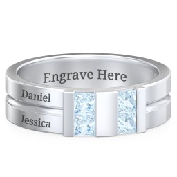 Men's Engravable 4 Stone Grooved Ring in 925 Sterling Silver with Aquamarine