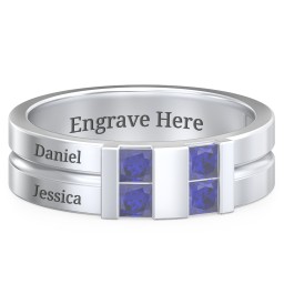 Men's Engravable 4 Stone Grooved Ring in 925 Sterling Silver with Blue Sapphire