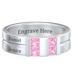 Men's Engravable 4 Stone Grooved Ring in 925 Sterling Silver with Pink Tourmaline