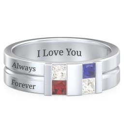 Men's Engravable 4 Stone Grooved Ring in 925 Sterling Silver with White Premium Zirconia, Garnet, Blue Sapphire, and Cubic Zirconia