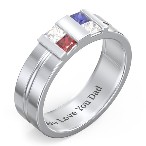 Men's Engravable 4 Stone Grooved Ring – Sterling Silver with Cubic Zirconia, Garnet, and Blue Sapphire