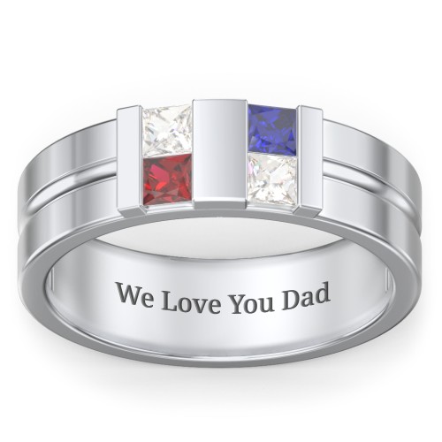 Men's Engravable 4 Stone Grooved Ring – Sterling Silver with Cubic Zirconia, Garnet, and Blue Sapphire