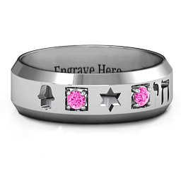 Men's Judaica Ring in 925 Sterling Silver with Pink Tourmaline