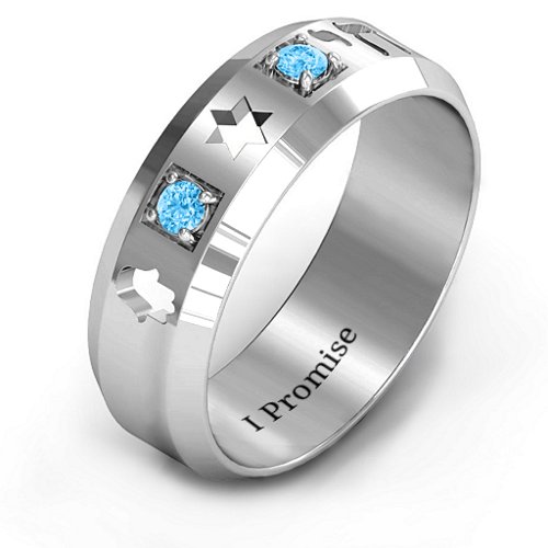 Men's Judaica Ring – Sterling Silver with Blue Topaz