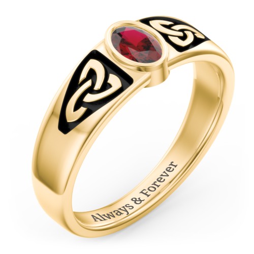 Men's Trinity Knot Ring With Oval Stone – 10K Yellow Gold with Garnet