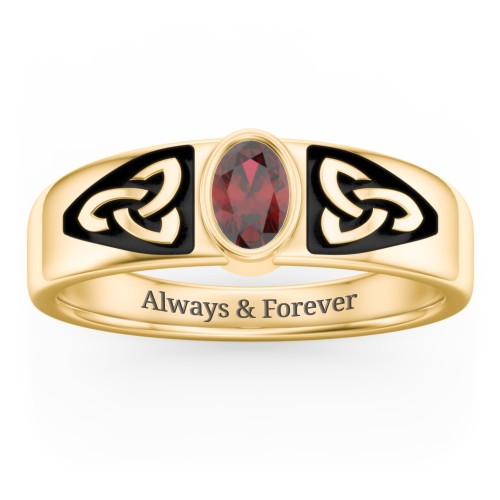 Men's Trinity Knot Ring With Oval Stone – 10K Yellow Gold with Garnet