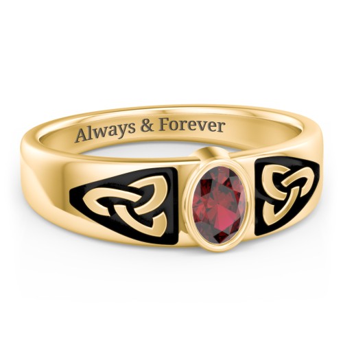 Men's Trinity Knot Ring With Oval Stone – 10K Yellow Gold with Garnet