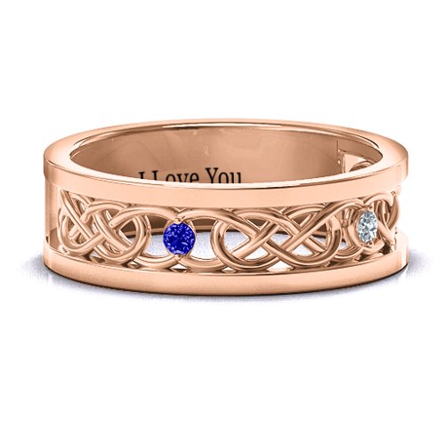 Men's Two-Stone Interwoven Infinity Band – 10K Rose Gold with Blue Sapphire and Cubic Zirconia