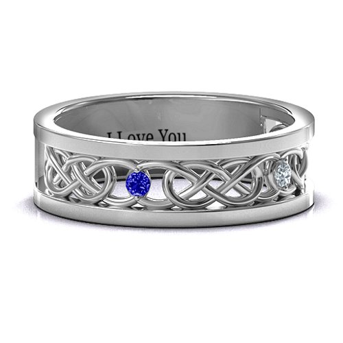 Men's Two-Stone Interwoven Infinity Band – Sterling Silver with Blue Sapphire and Cubic Zirconia
