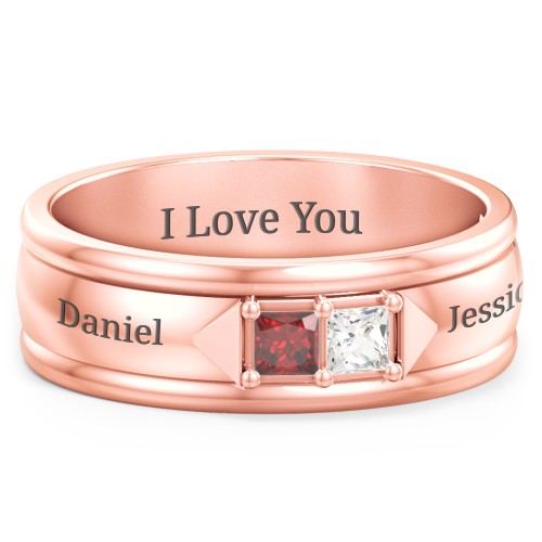 Men's Timeless Two Stone Ring – 10K Rose Gold with Garnet and Cubic Zirconia