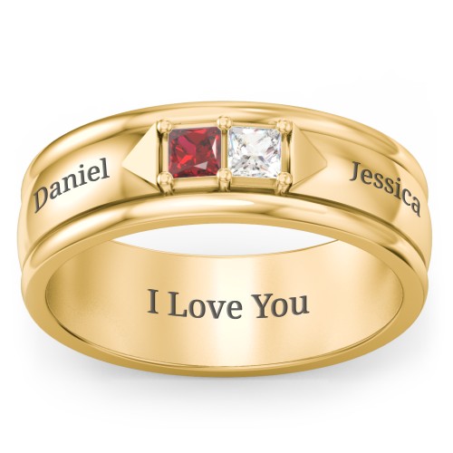 Men's Timeless Two Stone Ring – 10K Yellow Gold with Garnet and Cubic Zirconia