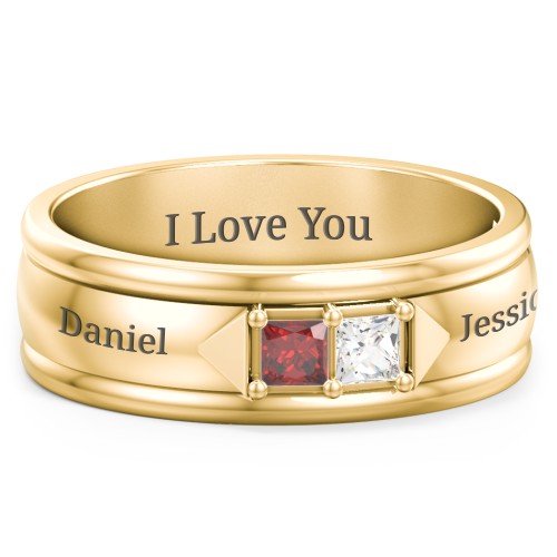 Men's Timeless Two Stone Ring – 10K Yellow Gold with Garnet and Cubic Zirconia