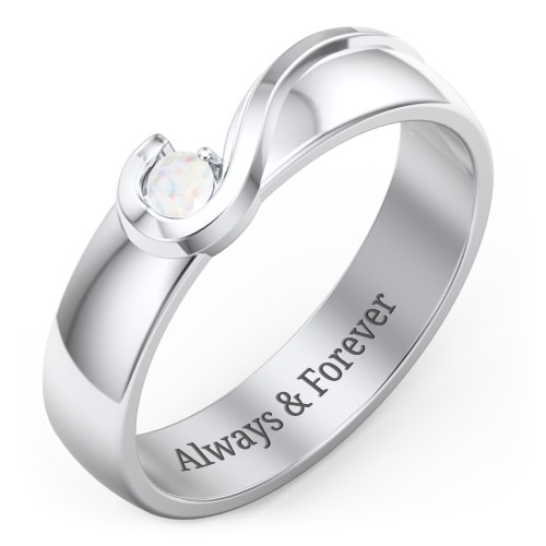 Men's Half Heart Ring with Birthstone – Sterling Silver with Opal