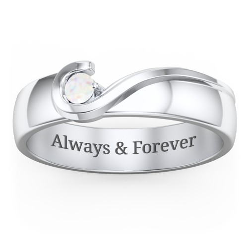 Men's Half Heart Ring with Birthstone – Sterling Silver with Opal