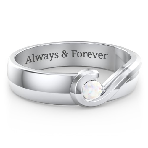 Men's Half Heart Ring with Birthstone – Sterling Silver with Opal