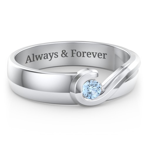 Men's Half Heart Ring with Birthstone – Sterling Silver with Blue Topaz