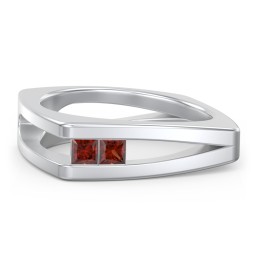 Men’s Squared Split Shank Ring with Princess Cut Gemstones in 925 Sterling Silver with Garnet