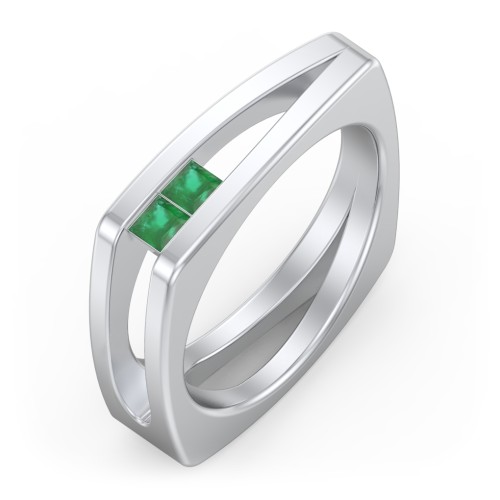 Men’s Squared Split Shank Ring with Princess Cut Gemstones – Sterling Silver with Emerald