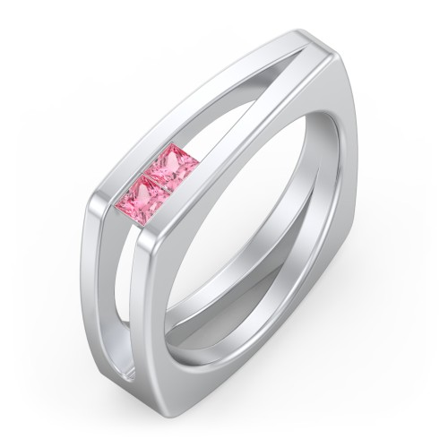 Men’s Squared Split Shank Ring with Princess Cut Gemstones – Sterling Silver with Pink Tourmaline