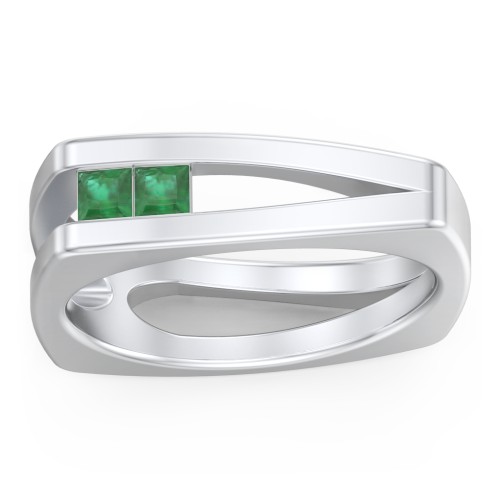 Men’s Squared Split Shank Ring with Princess Cut Gemstones – Sterling Silver with Emerald
