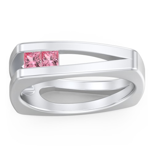 Men’s Squared Split Shank Ring with Princess Cut Gemstones – Sterling Silver with Pink Tourmaline