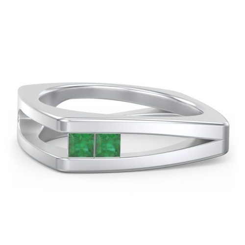 Men’s Squared Split Shank Ring with Princess Cut Gemstones – Sterling Silver with Emerald
