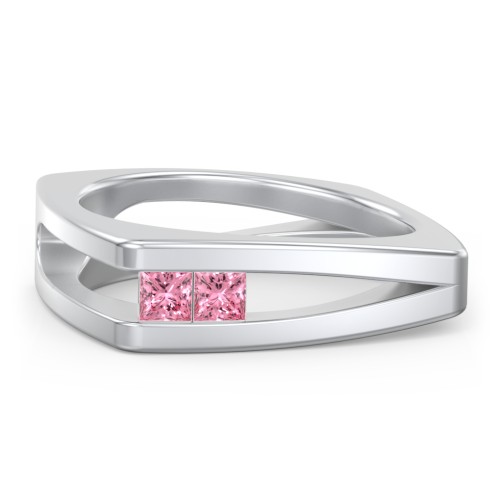 Men’s Squared Split Shank Ring with Princess Cut Gemstones – Sterling Silver with Pink Tourmaline