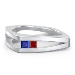 Men’s Squared Split Shank Ring with Princess Cut Gemstones in 925 Sterling Silver with Blue Sapphire and Garnet