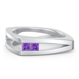Men’s Squared Split Shank Ring with Princess Cut Gemstones in 925 Sterling Silver with Amethyst