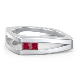 Men’s Squared Split Shank Ring with Princess Cut Gemstones in 925 Sterling Silver with Ruby