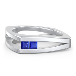 Men’s Squared Split Shank Ring with Princess Cut Gemstones in 925 Sterling Silver with Blue Sapphire