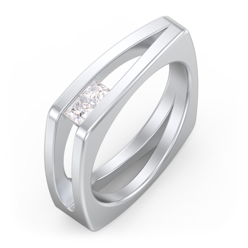 Men’s Squared Split Shank Ring with Princess Cut Gemstones – Sterling Silver with Diamond