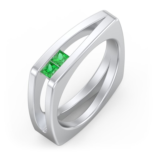 Men’s Squared Split Shank Ring with Princess Cut Gemstones – Sterling Silver with Emerald
