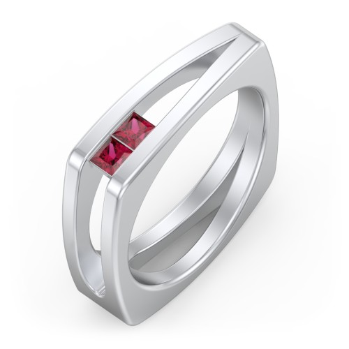 Men’s Squared Split Shank Ring with Princess Cut Gemstones – Sterling Silver with Ruby