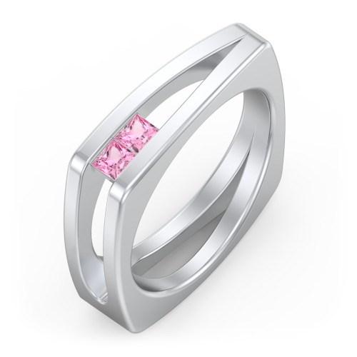 Men’s Squared Split Shank Ring with Princess Cut Gemstones – Sterling Silver with Pink Tourmaline