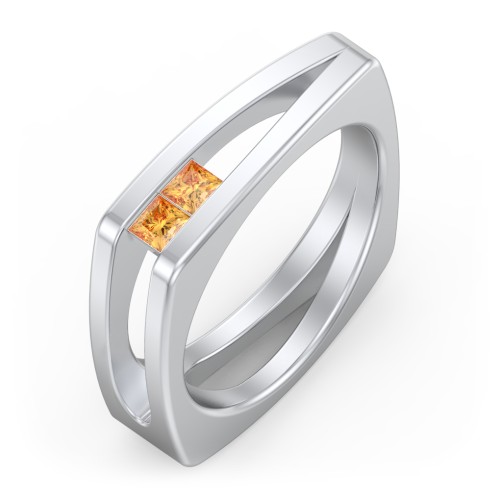 Men’s Squared Split Shank Ring with Princess Cut Gemstones – Sterling Silver with Citrine