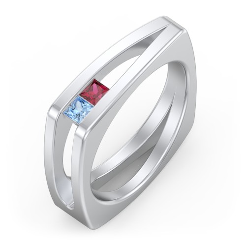 Men’s Squared Split Shank Ring with Princess Cut Gemstones – Sterling Silver with Blue Topaz and Ruby