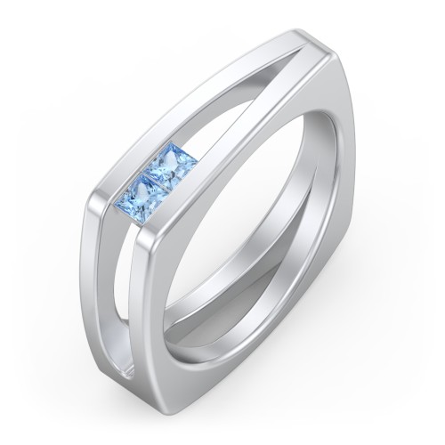 Men’s Squared Split Shank Ring with Princess Cut Gemstones – Sterling Silver with Blue Topaz
