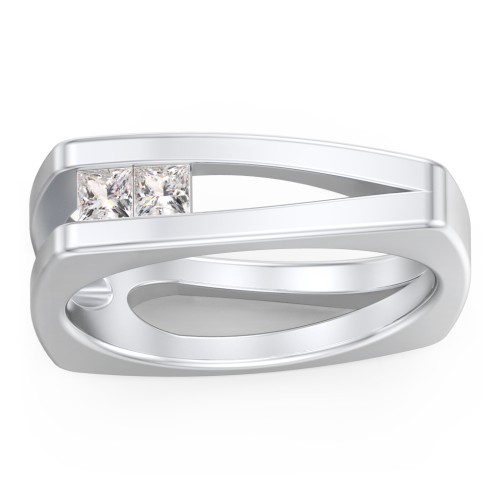 Men’s Squared Split Shank Ring with Princess Cut Gemstones – Sterling Silver with Cubic Zirconia