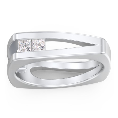 Men’s Squared Split Shank Ring with Princess Cut Gemstones – Sterling Silver with Diamond