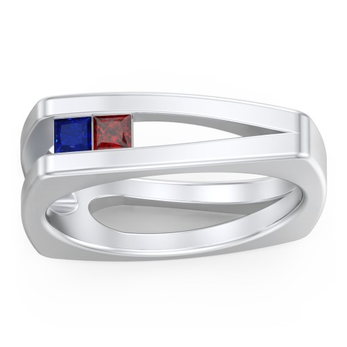 Men’s Squared Split Shank Ring with Princess Cut Gemstones – Sterling Silver with Blue Sapphire and Garnet