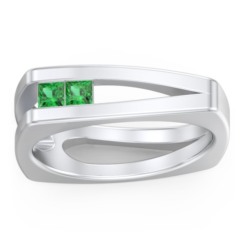 Men’s Squared Split Shank Ring with Princess Cut Gemstones – Sterling Silver with Emerald
