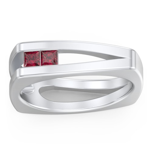 Men’s Squared Split Shank Ring with Princess Cut Gemstones – Sterling Silver with Ruby